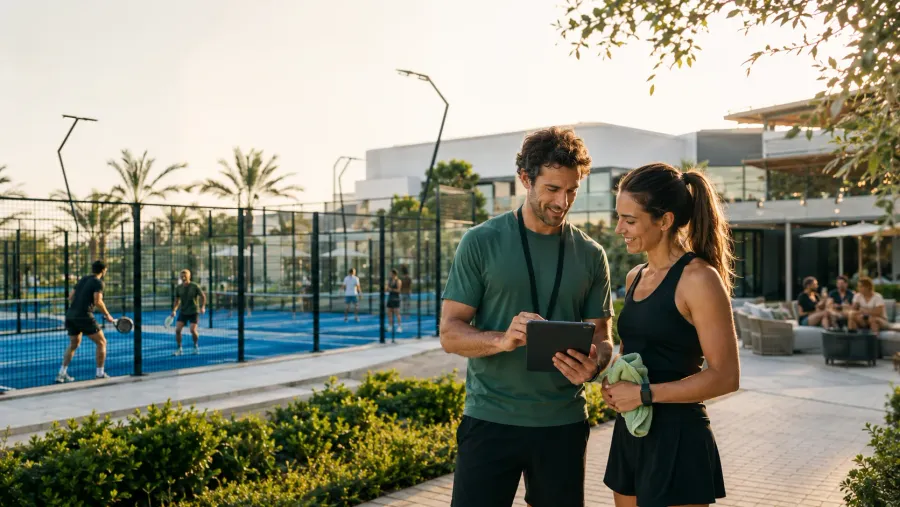 A coach talks with a player beside the padel courts