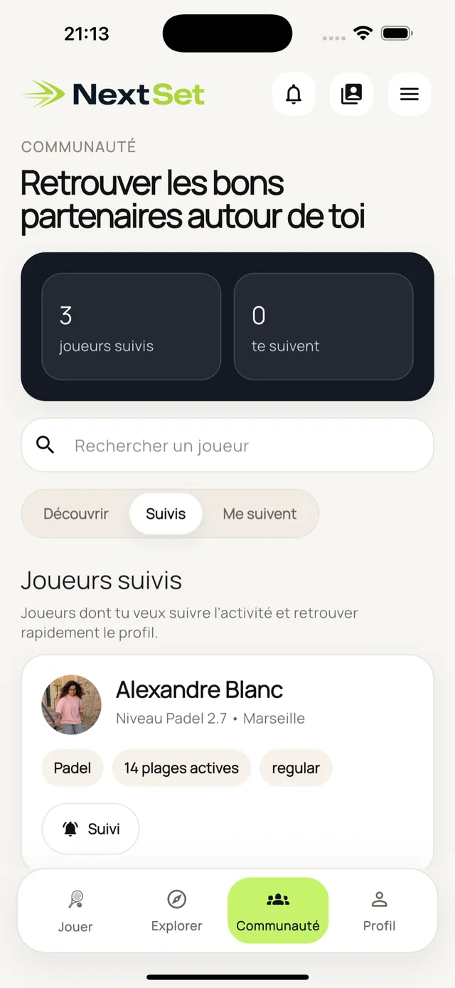 Communauté de joueurs dans NextSet
