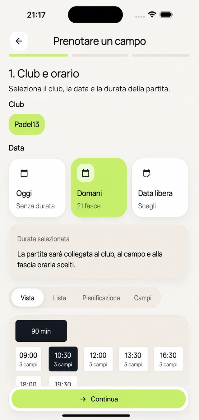 Prenotazioni dei campi, collegate alla vita del club.